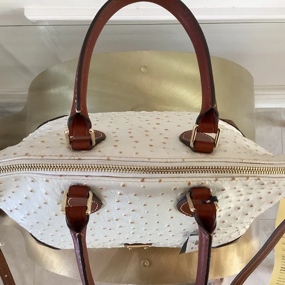 Dooney & Bourke Bone/White Ostrich Leather Dome Satchel Bag Purse Crossbody - Picture 6 of 16